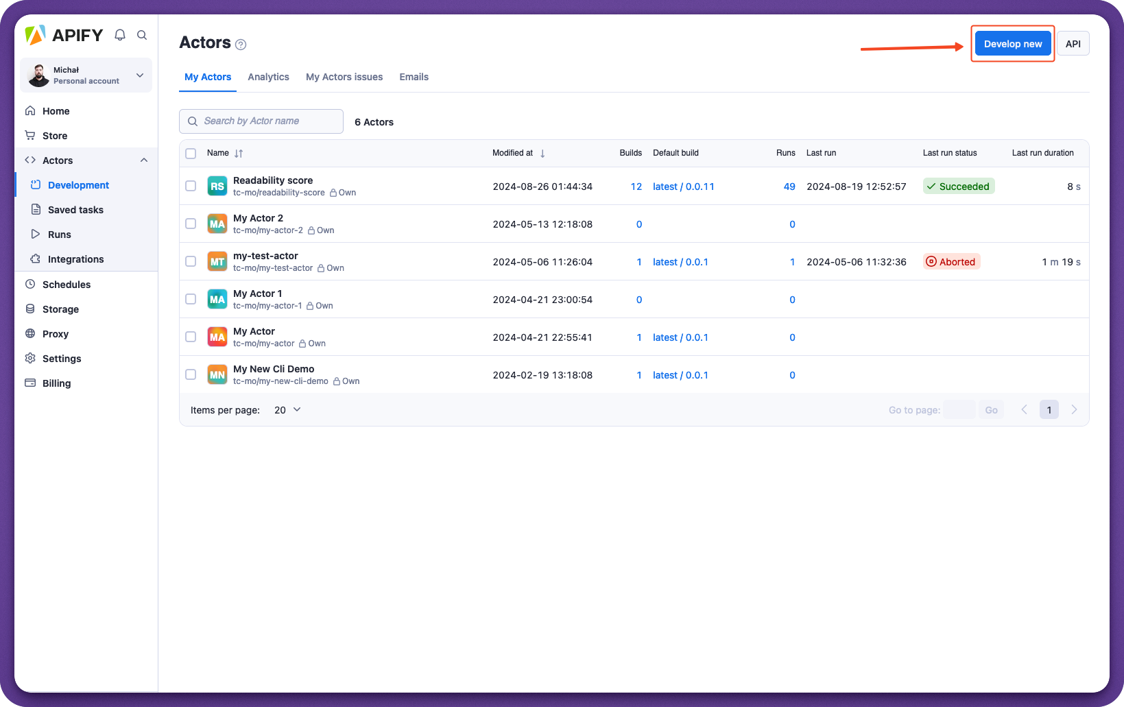 Develop an Actor button