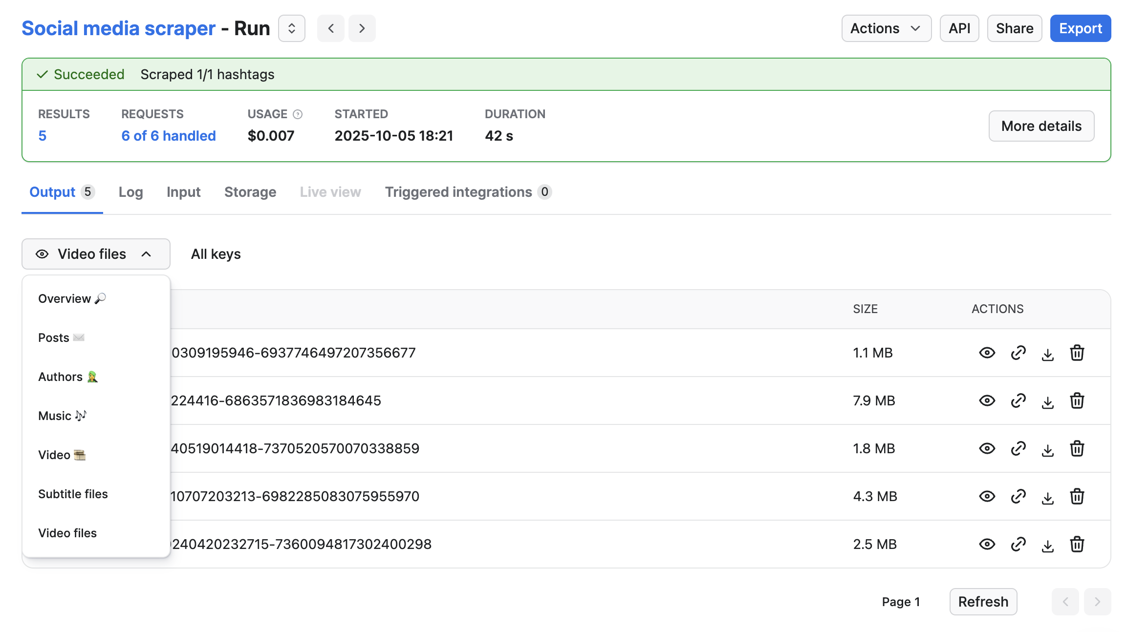 Video files in Output tab